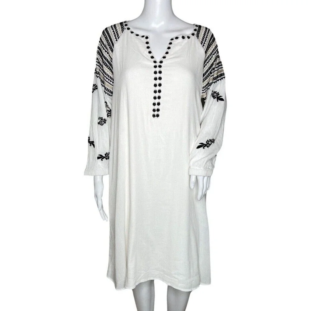 Chicos Dress Womens 6 White Black Embroidered Tunic Shift‎ Boho Bohemian Peasant